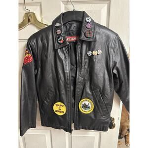 Phase Two Boys Med Womens Small 38 Full Zip Leather Jacket Black Moto Crop 23L